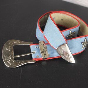 Denim & Suede Leather Western Belt Woman Silver Buckle Cowgirl Star Emblems